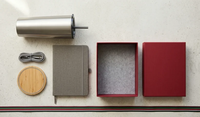 National Day corporate gifts for Eid Al Etihad – branded tumbler, notebook and gift box in UAE national colours