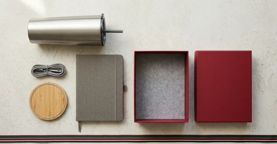 National Day corporate gifts for Eid Al Etihad – branded tumbler, notebook and gift box in UAE national colours